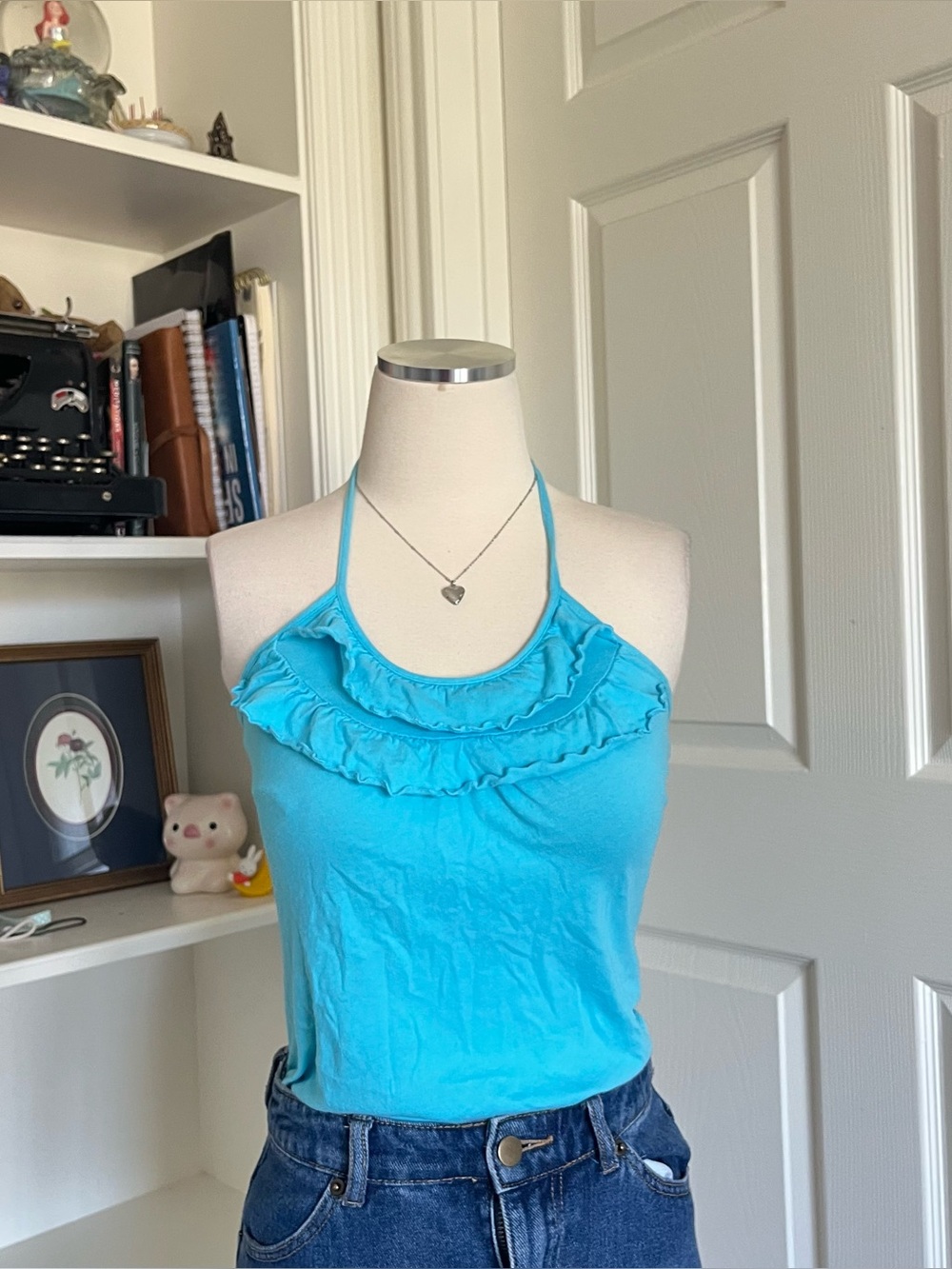 Y2K Blue halter neck top with ruffles